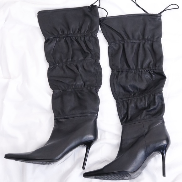 Paolini Designer Leather pointed toe high heel black over the knee boots US 8 - Picture 1 of 16